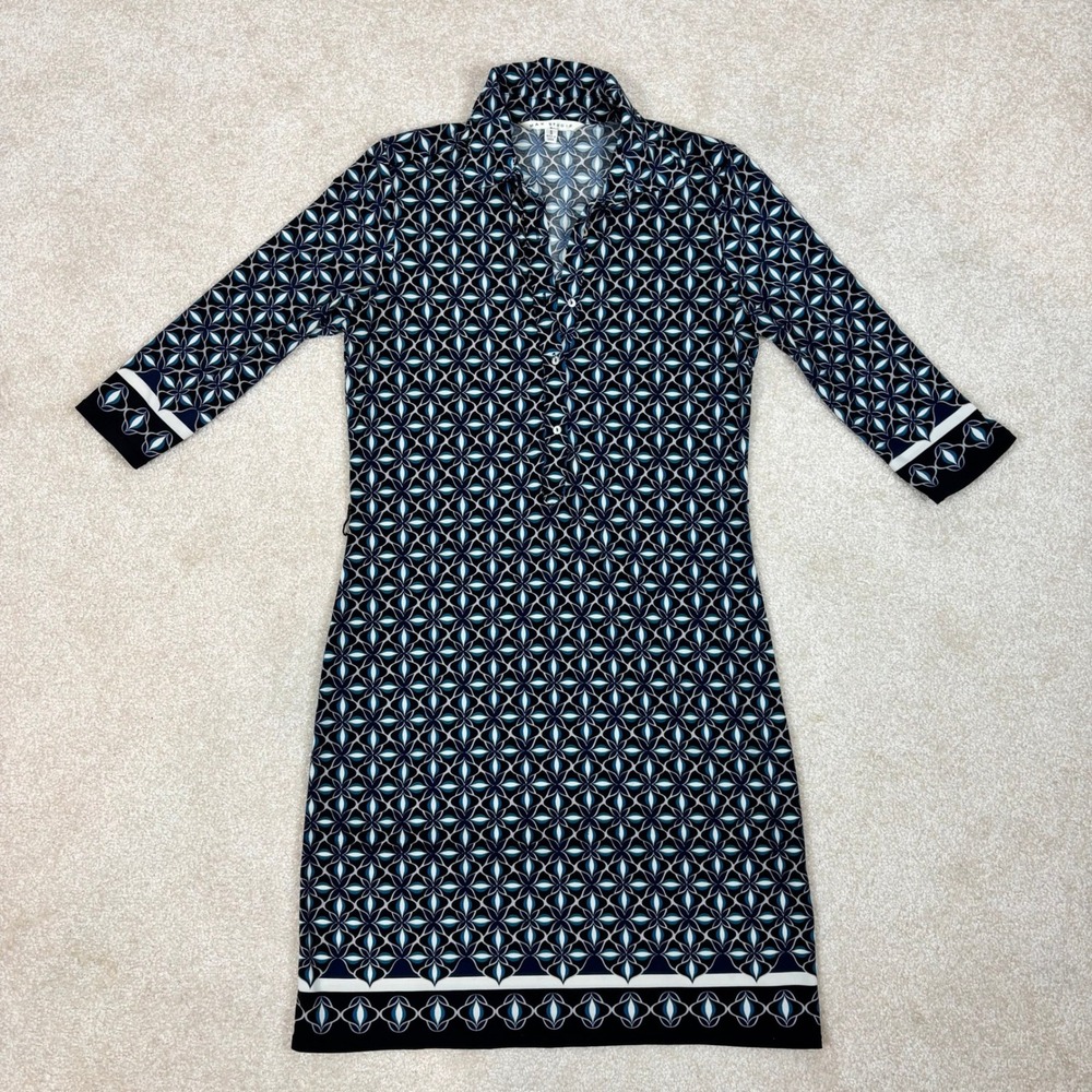 Max Studio Blue Geometric Petal Print 3/4 Sleeve Collared‎ Jersey Dress Small